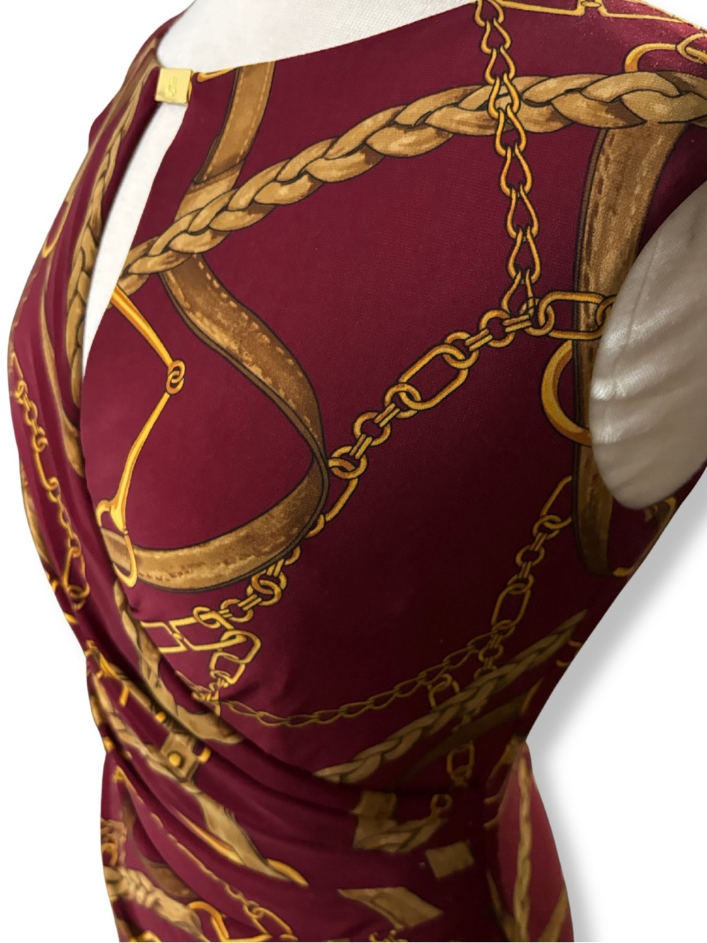 Lauren Ralph Lauren Equestrian Chain Print Faux Wrap Dress Size 4 Burgundy - Picture 2 of 11